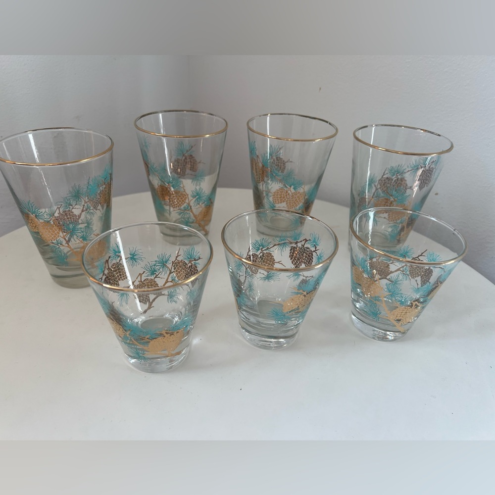 Mid-Century Modern Libbey Glass Turquoise Blue/Gold Pine Cone With Gold Trim